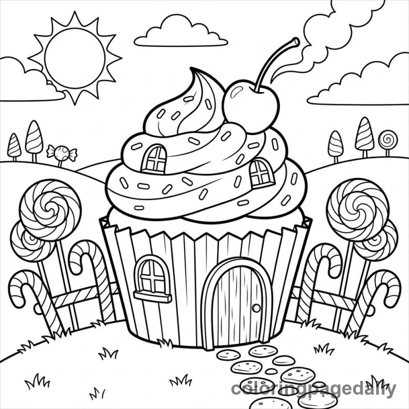 Whimsical Cupcake House - Daily printable coloring page in Scenery category