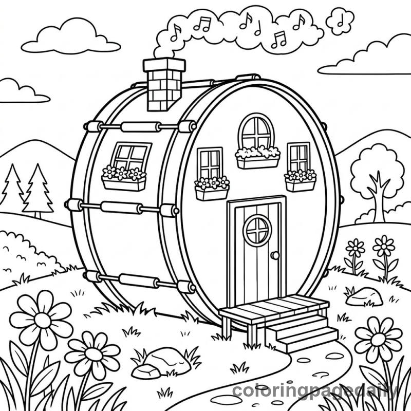 Whimsical Drum House - Daily printable coloring page in Scenery category