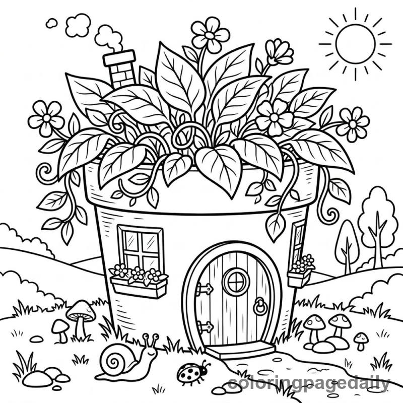 Whimsical Flower Pot House - Daily printable coloring page in Scenery category