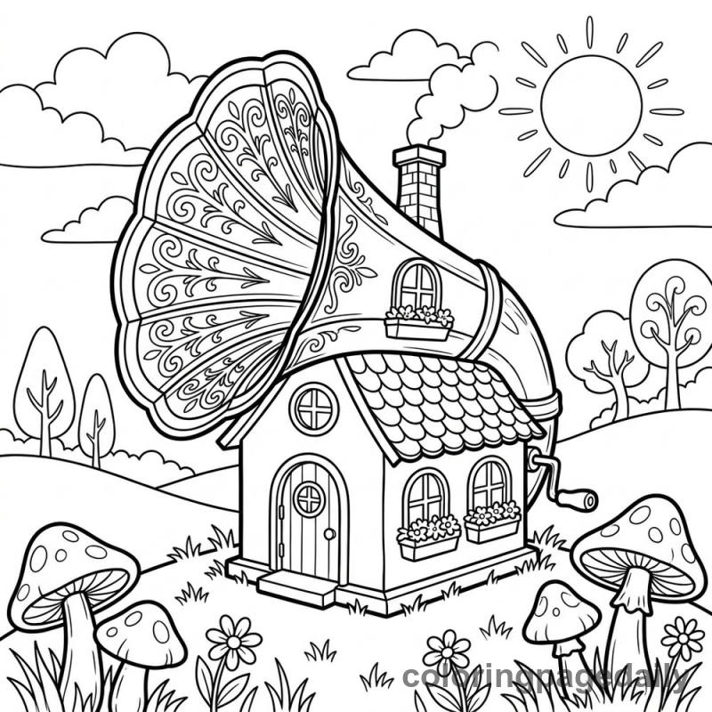 Whimsical Gramophone House - Daily printable coloring page in Scenery category