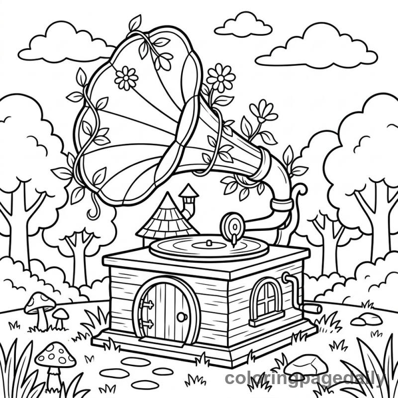Whimsical Gramophone House Forest - Colored reference example