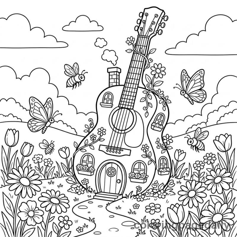 Whimsical Guitar House - Daily printable coloring page in Scenery category