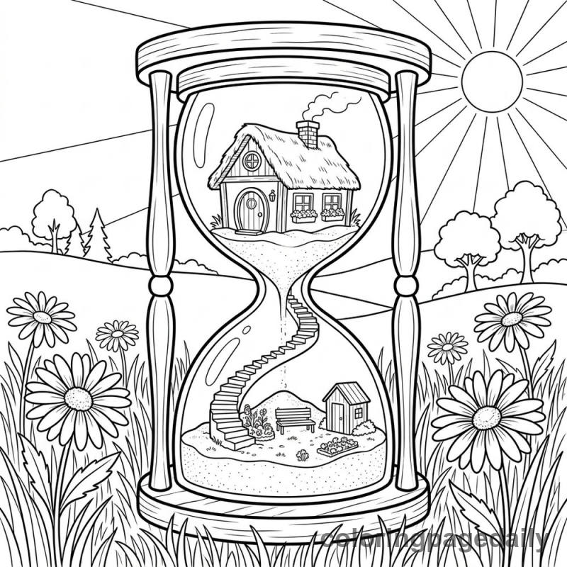 Whimsical Hourglass House - Daily printable coloring page in Scenery category