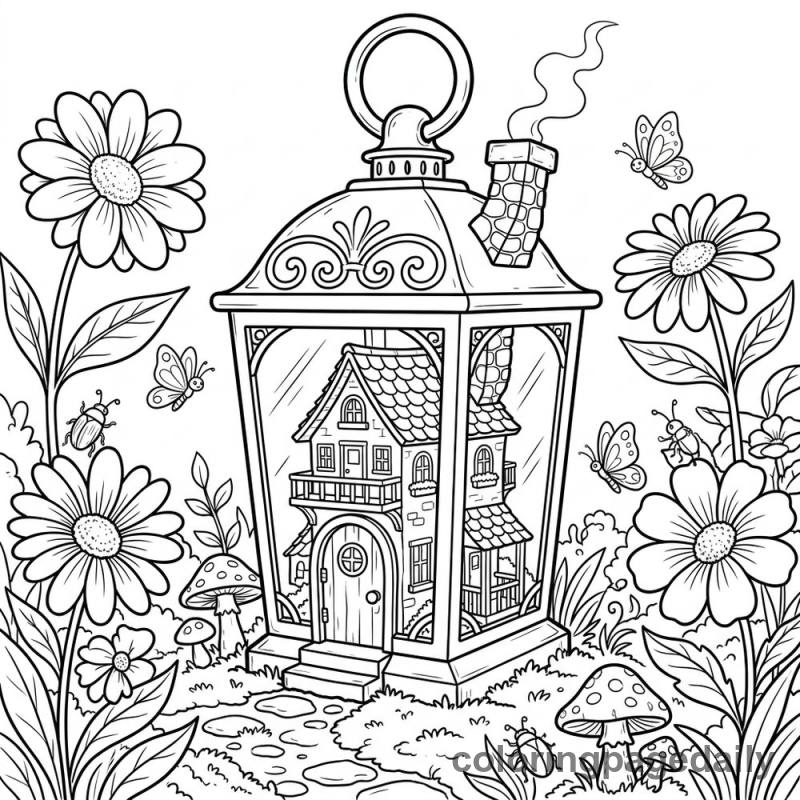 Whimsical Lantern House - Daily printable coloring page in Scenery category