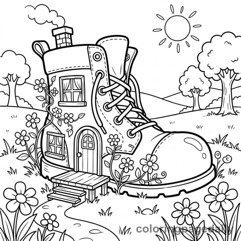 The Whimsical Shoe House - Daily printable coloring page in Scenery category