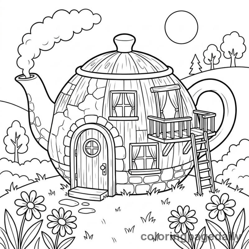 Whimsical Teapot House - Daily printable coloring page in Scenery category