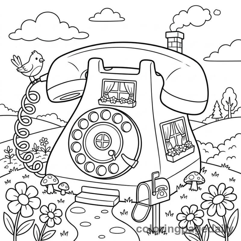 Whimsical Telephone House - Daily printable coloring page in Scenery category