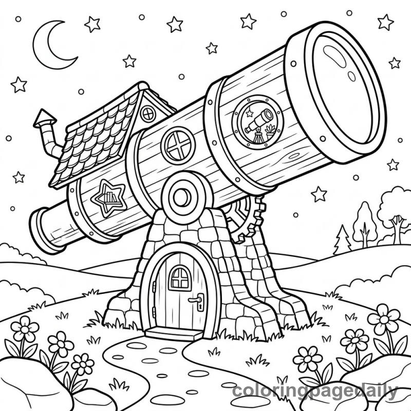 Whimsical Telescope House - Daily printable coloring page in Scenery category