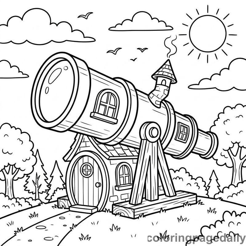 Whimsical Telescope House - Daily printable coloring page in Scenery category