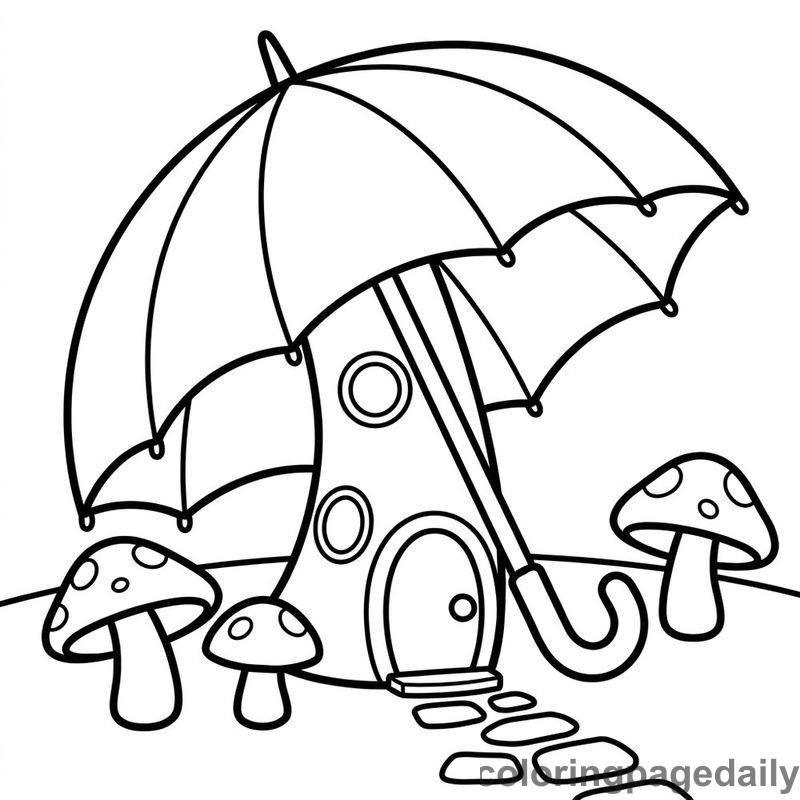Whimsical Umbrella House - Daily printable coloring page in Scenery category