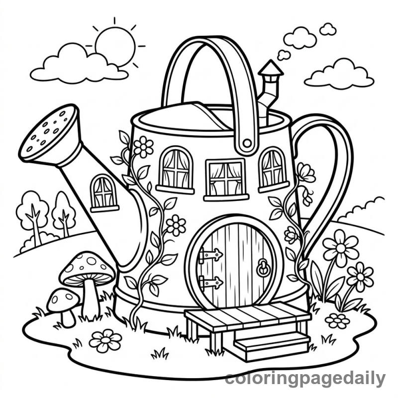 Whimsical Watering Can House - Colored reference example
