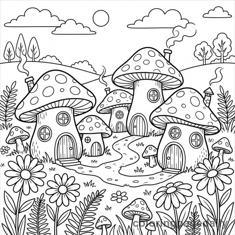 A Magical Afternoon in Mushroom Village - story illustration coloring page