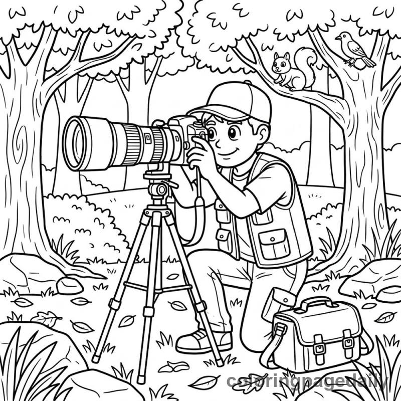 Wildlife Photographer In Forest - Daily printable coloring page in Professions category