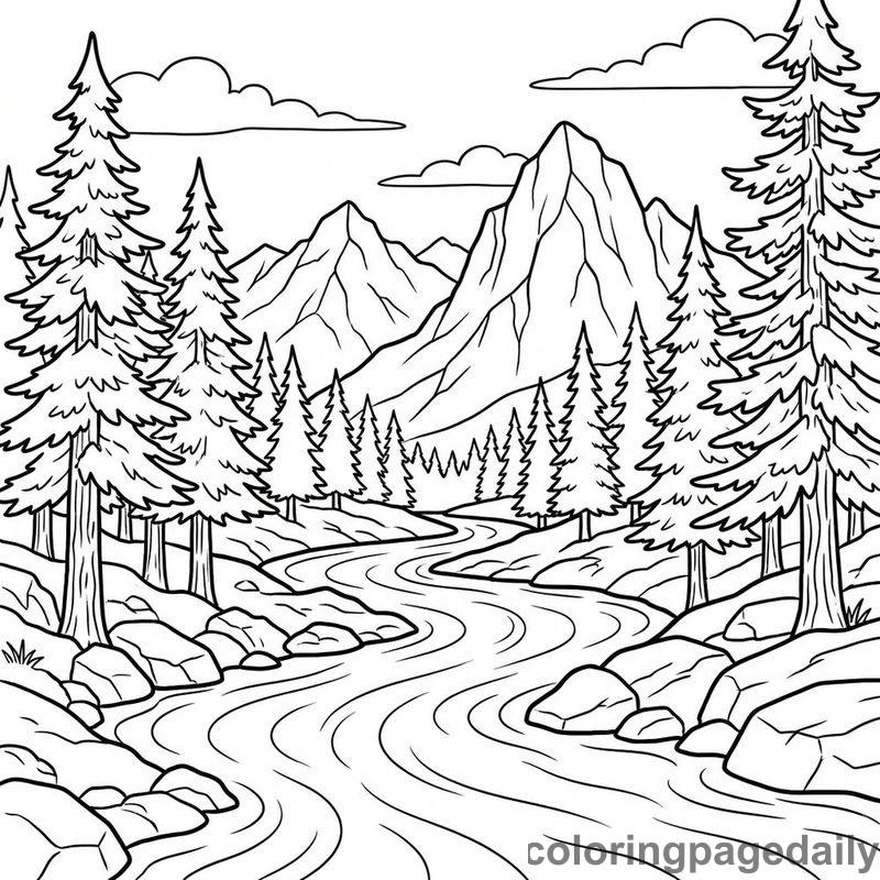 Winding River Through Pine Forest - Colored reference example