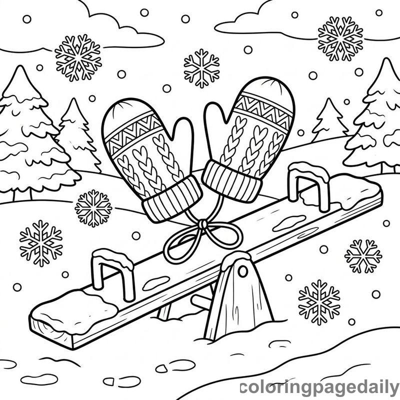 Winter Mittens On Seesaw - Daily printable coloring page in Winter and Snow Season category