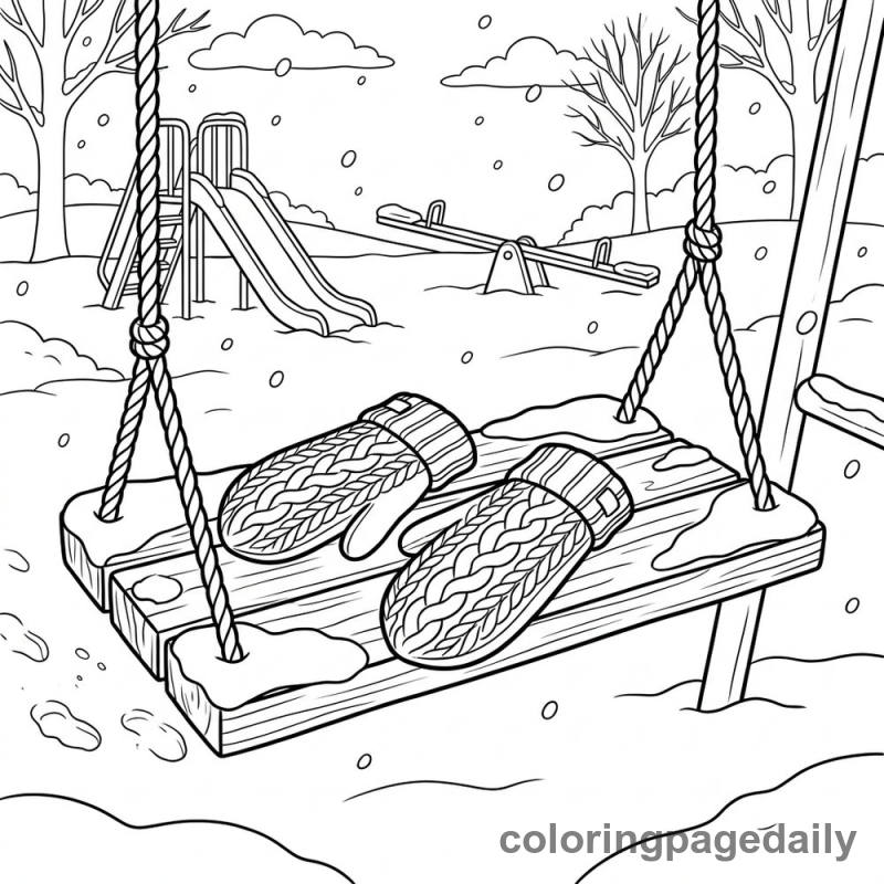 Winter Mittens On Swing - Daily printable coloring page in Winter and Snow Season category