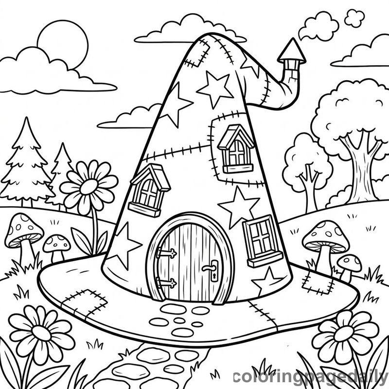 Wizard Hat House - Daily printable coloring page in Scenery category