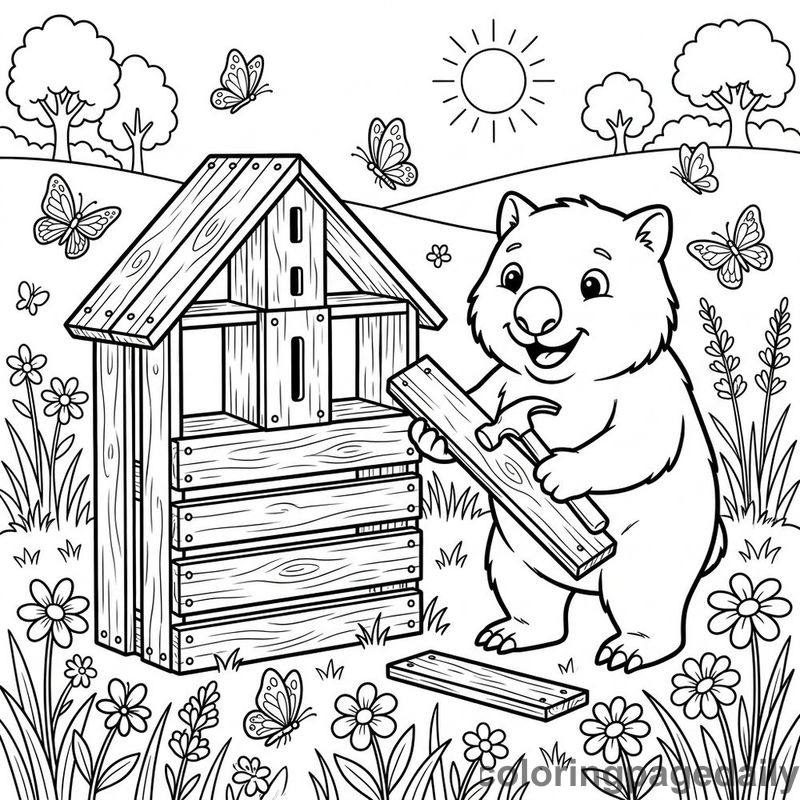 Wombat Building Butterfly House - Daily printable coloring page in Animals category
