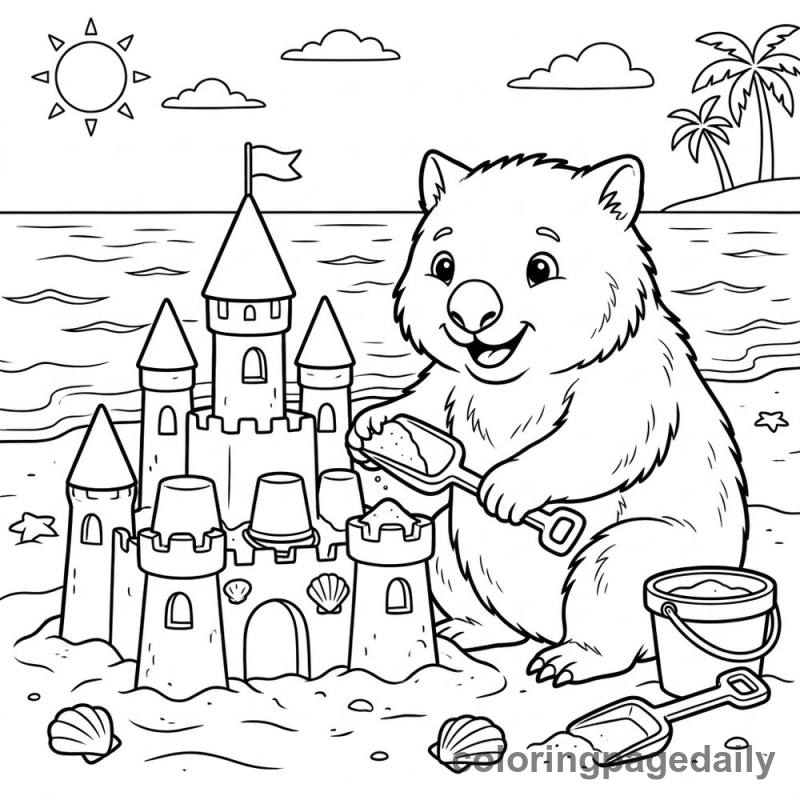 Wombat Building Sandcastle - Daily printable coloring page in Animals category
