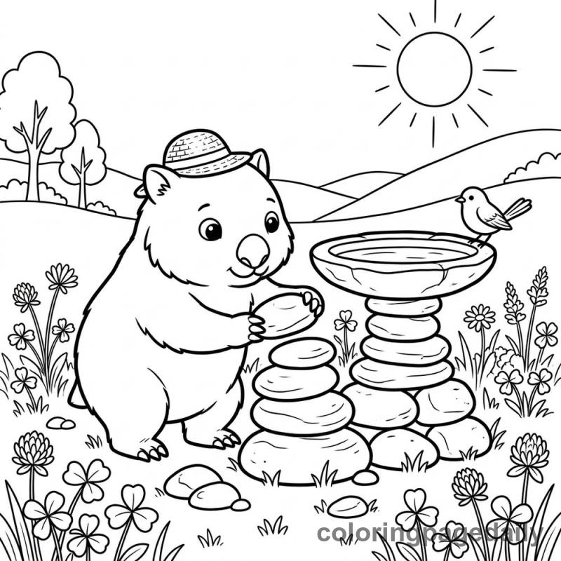 Wombat Building Stone Birdbath - Daily printable coloring page in Animals category