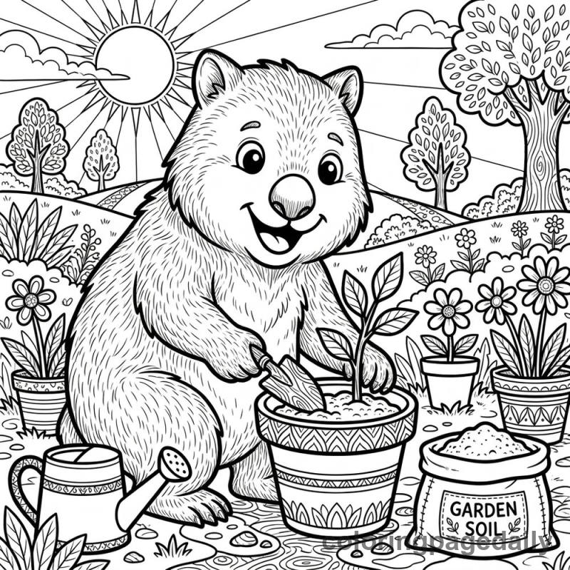 Wombat Planting Flowers - Daily printable coloring page in Animals category