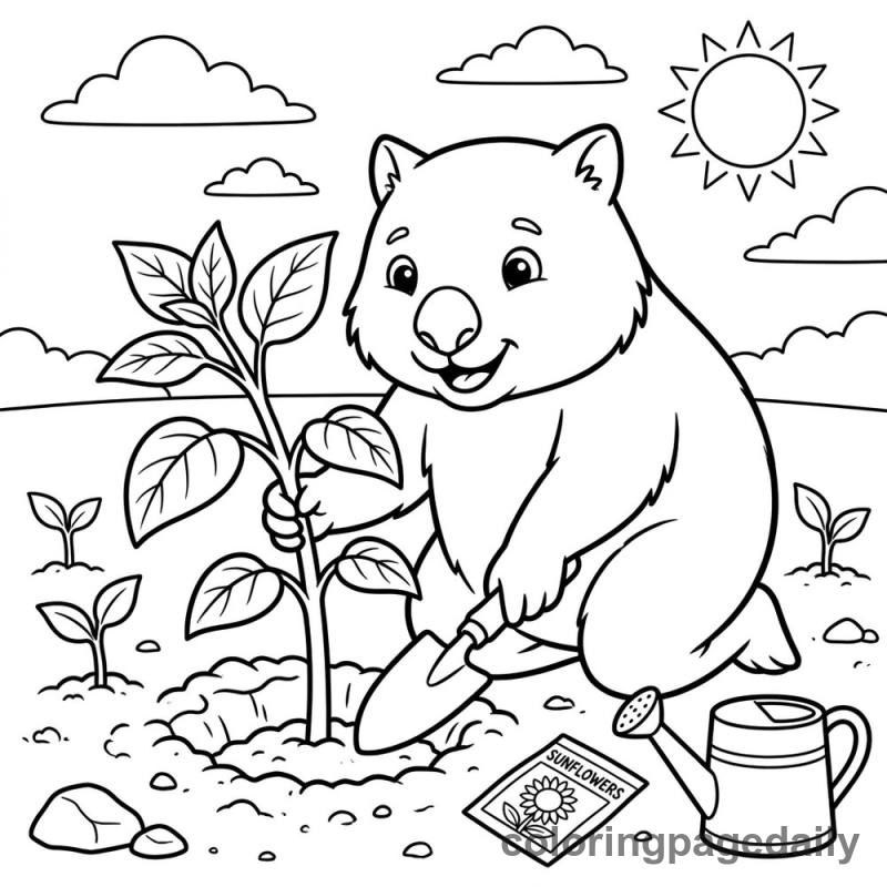 Wombat Planting Sunflowers - Colored reference example