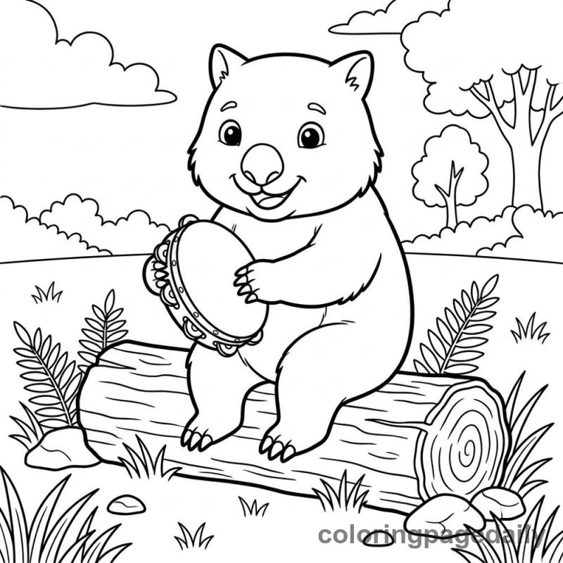 Wombat Playing Tambourine - Daily printable coloring page in Animals category