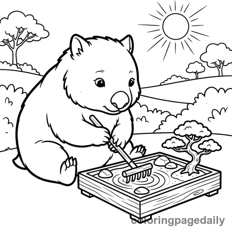 Wombat Raking Zen Garden - Daily printable coloring page in Animals category