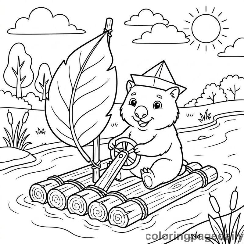 Wombat Sailing Wooden Raft - Daily printable coloring page in Animals category