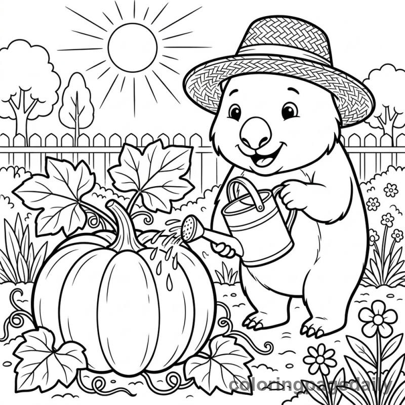 Wombat Watering Giant Pumpkin - Daily printable coloring page in Animals category
