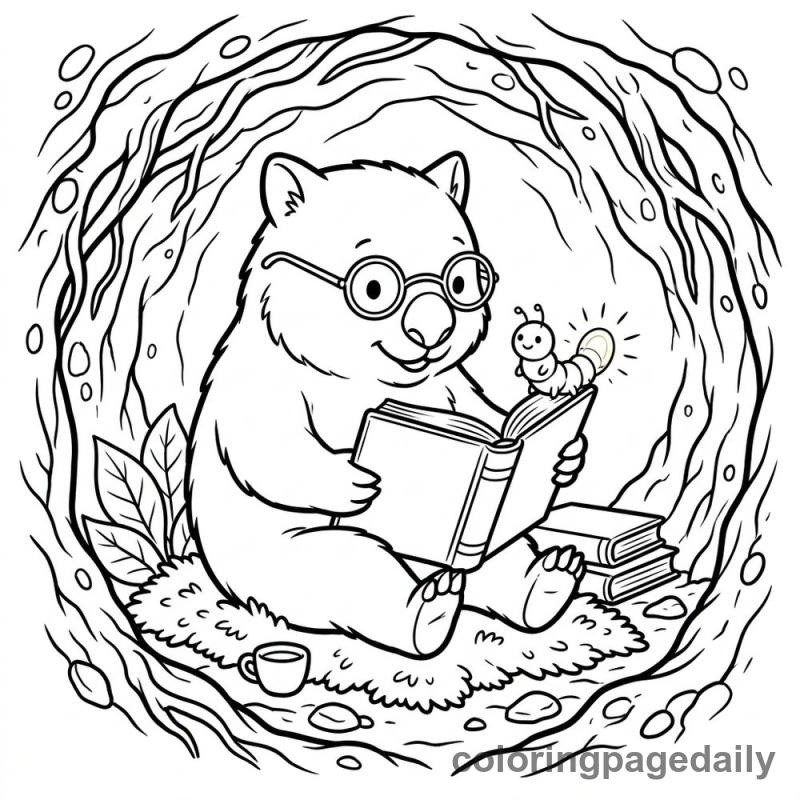 Wally the Wombat’s Midnight Library - story illustration coloring page