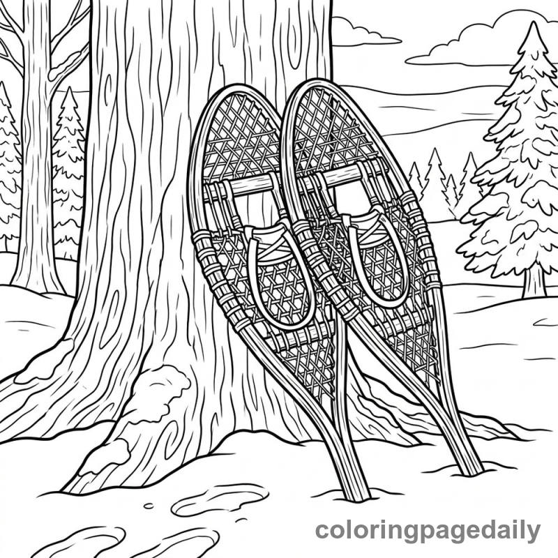 Wooden Snowshoes Scene - Daily printable coloring page in Winter and Snow Season category