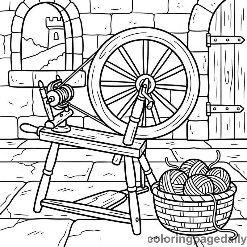 Wooden Spinning Wheel In Castle - Daily printable coloring page in Fairy Tales category