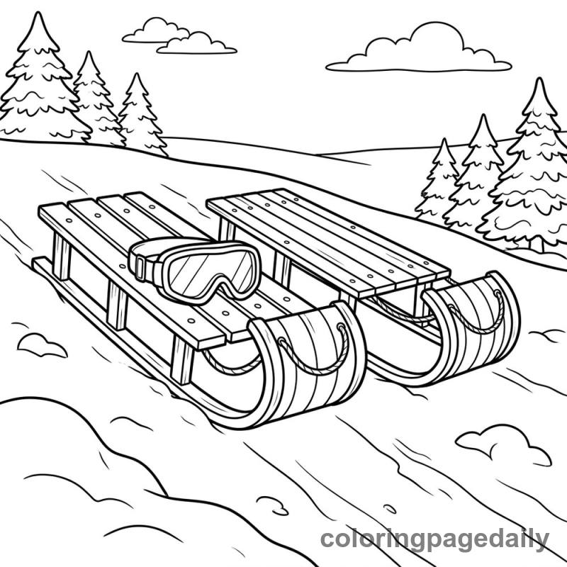 Wooden Toboggans On Snowy Hill - Daily printable coloring page in Winter and Snow Season category