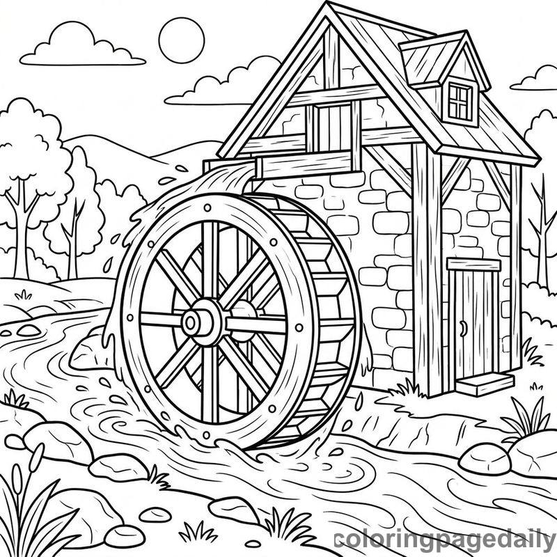 Wooden Water Wheel Spinning At Mill - Daily printable coloring page in Robots and STEM category