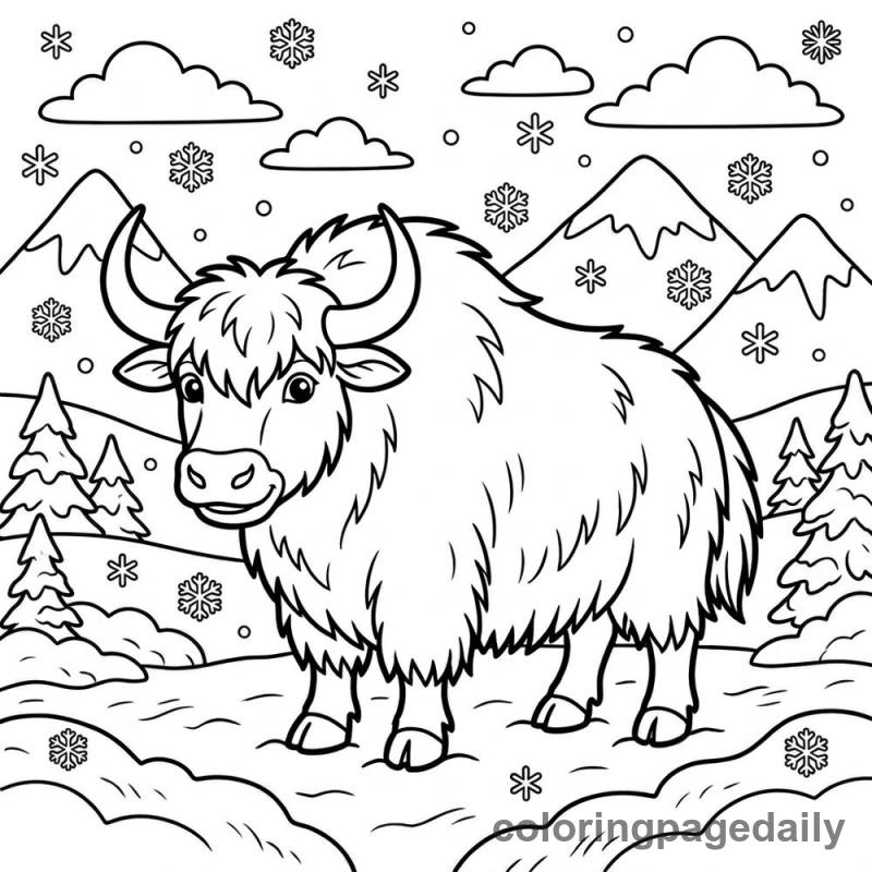 Yak In Winter Snow - Daily printable coloring page in Winter and Snow Season category