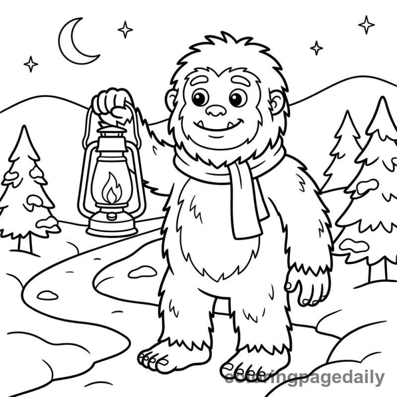 Yeti Holding Lantern - Daily printable coloring page in Mythical Creature category