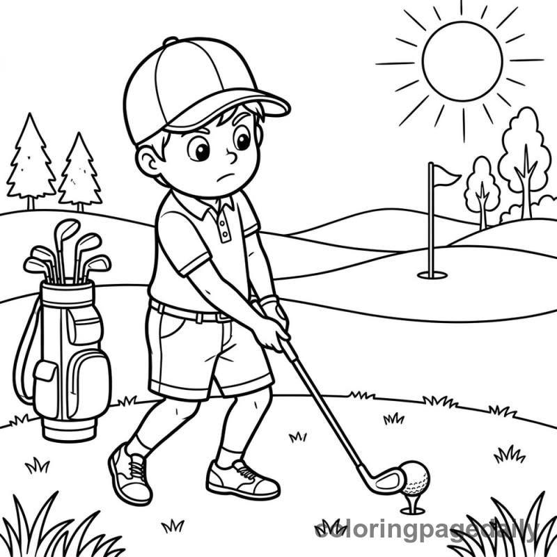 Young Golfer Swinging Club - Daily printable coloring page in Sports category