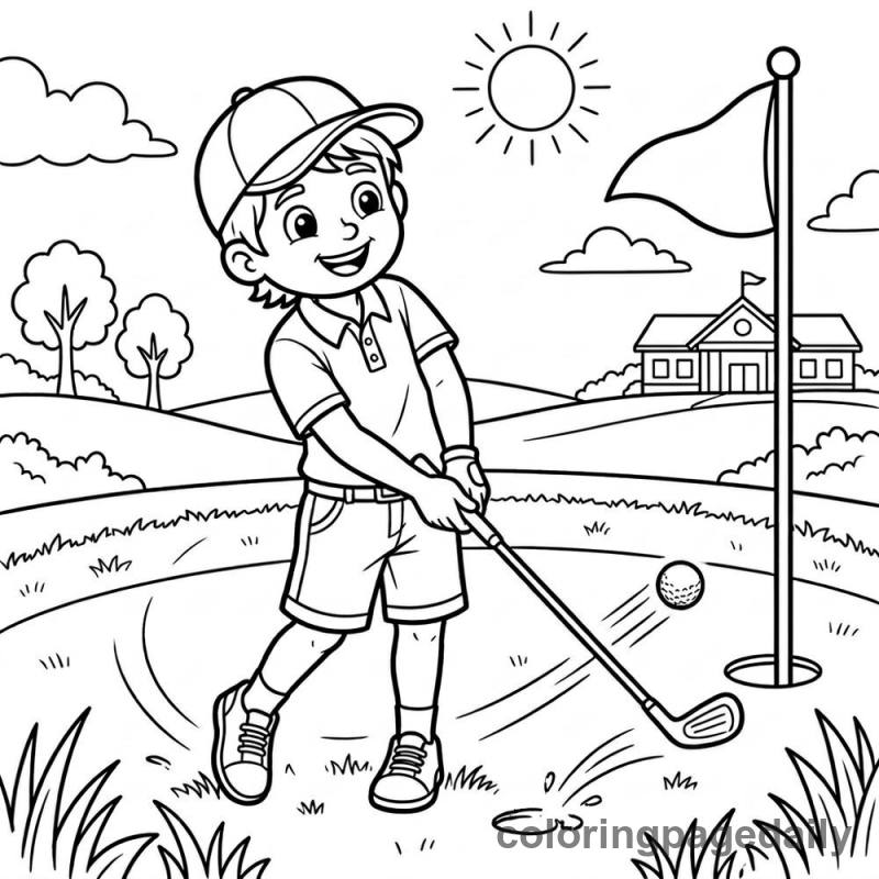 Young Golfer Swinging Club - Daily printable coloring page in Sports category