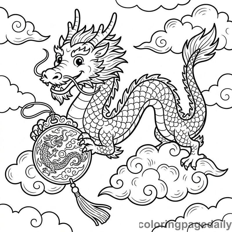 Zodiac Dragon Carrying Jade Pendant - Daily printable coloring page in Chinese New Year category