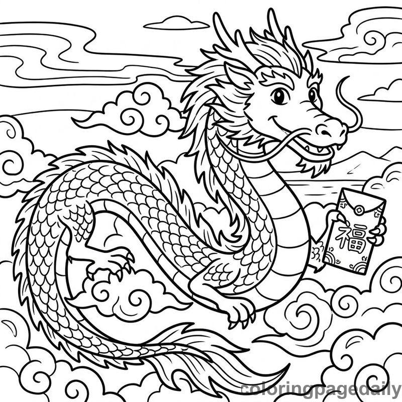 Zodiac Dragon With Envelope - Daily printable coloring page in Chinese New Year category