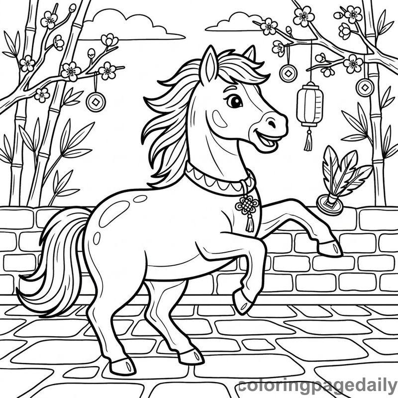 Zodiac Horse Playing Jianzi - Daily printable coloring page in Chinese New Year category