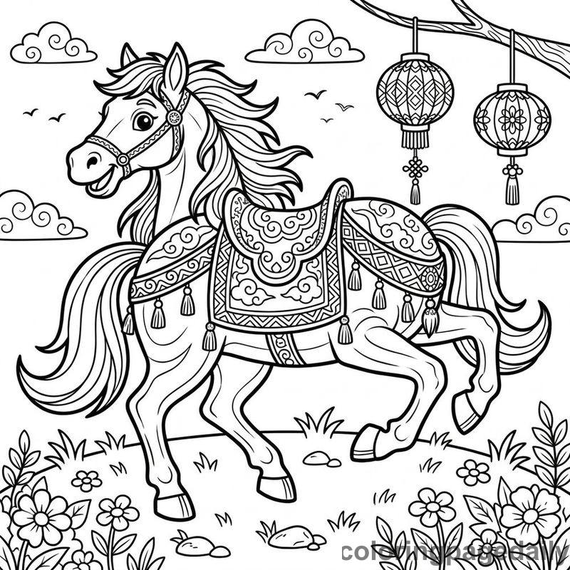 Zodiac Horse Prancing - Daily printable coloring page in Chinese New Year category