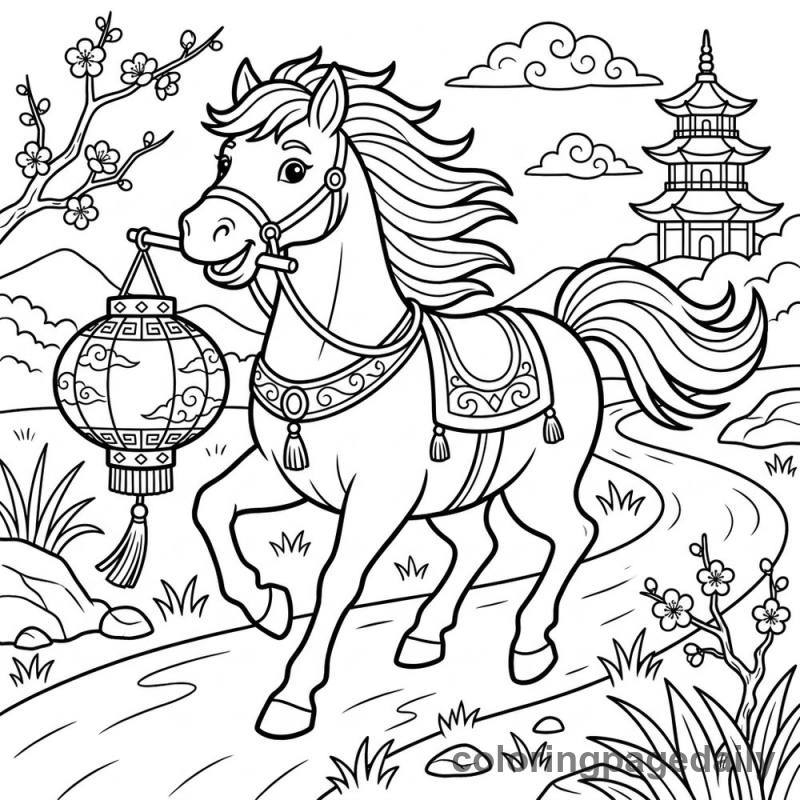 Zodiac Horse With Lantern - Daily printable coloring page in Chinese New Year category