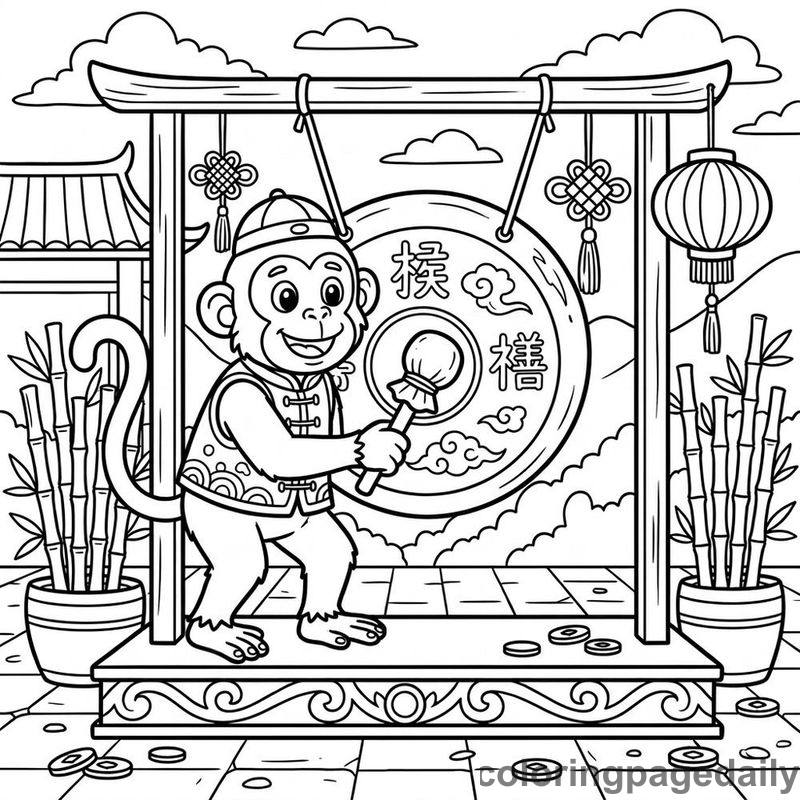 Zodiac Monkey Playing Gong - Colored reference example