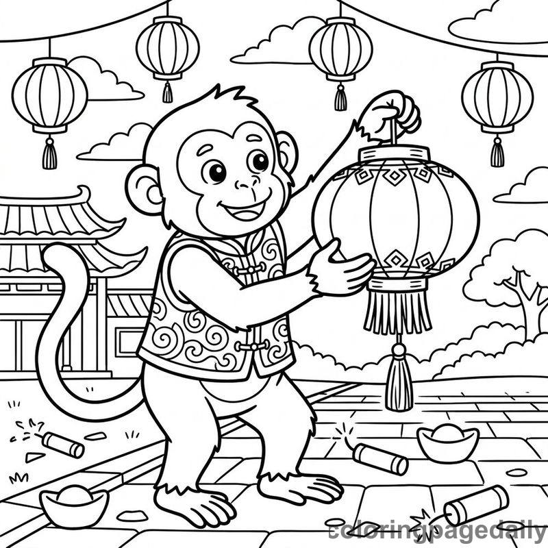 Zodiac Monkey With Lantern - Daily printable coloring page in Chinese New Year category