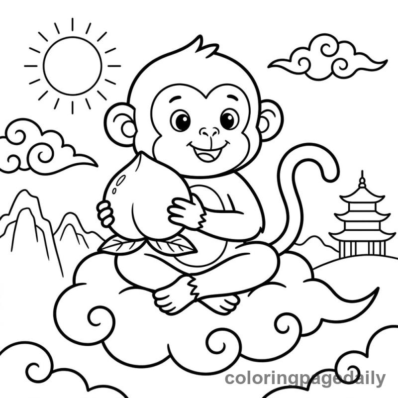 Zodiac Monkey With Peach - Daily printable coloring page in Chinese New Year category