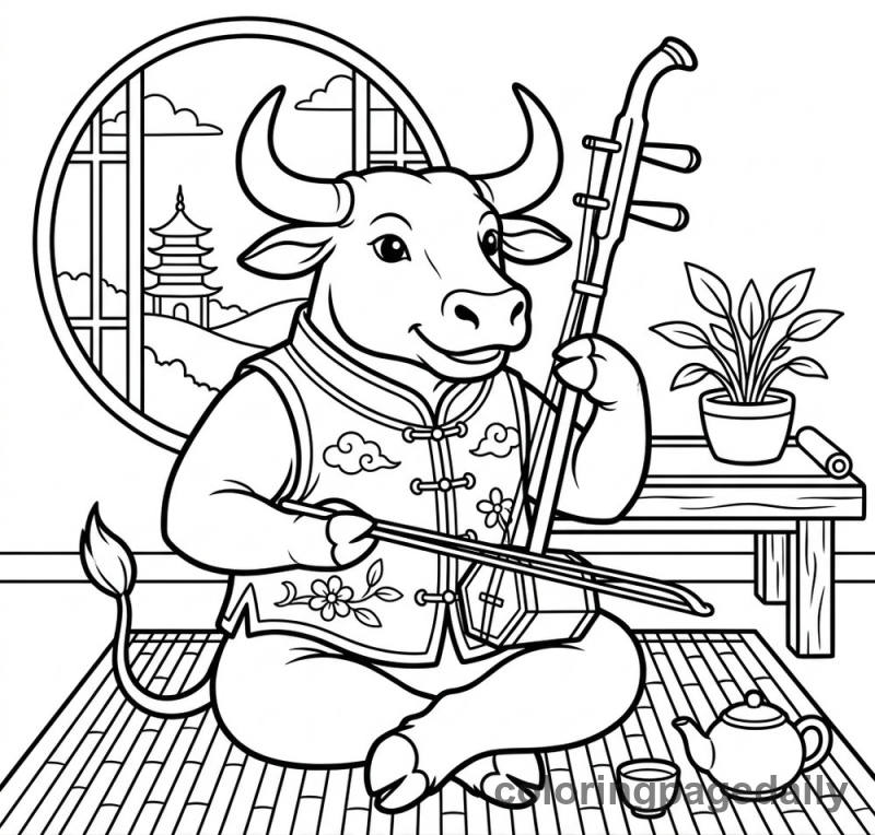 Zodiac Ox Playing Erhu - Daily printable coloring page in Chinese New Year category