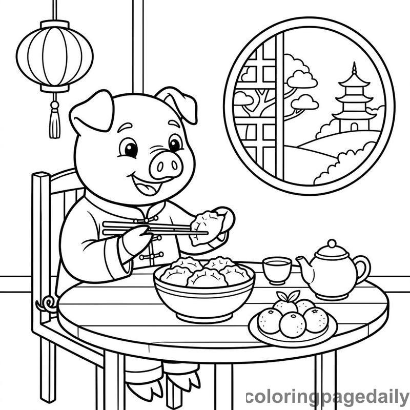 Zodiac Pig Eating Dumplings - Colored reference example