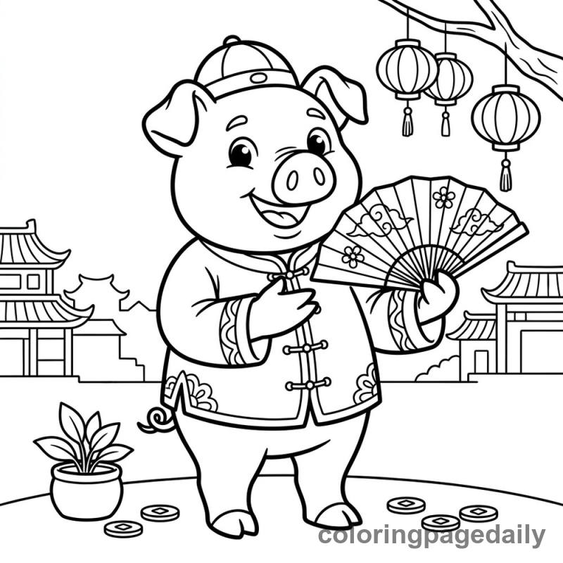Zodiac Pig Holding Fan - Daily printable coloring page in Chinese New Year category